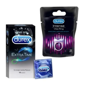 Durex Extra Time Condoms(10pc) & Durex Intense Vibe Ring For Extra Pleasure For Men & Women | Compatible With Condoms & Lubes(1pc) Combo